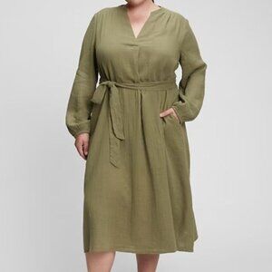 Gap Womens Crinkle Gauze Tie-Waist Midi Dress Large Olive Green Belted V-Neck